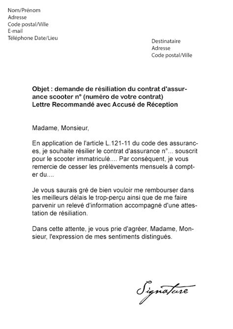 Lettre de résiliation Assurance Scooter Modèle de Lettre