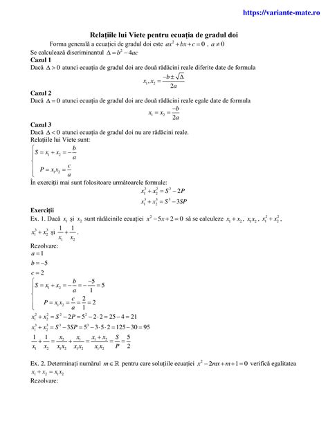 Relatiile Lui Viete Exercitii Rezolvate Formule