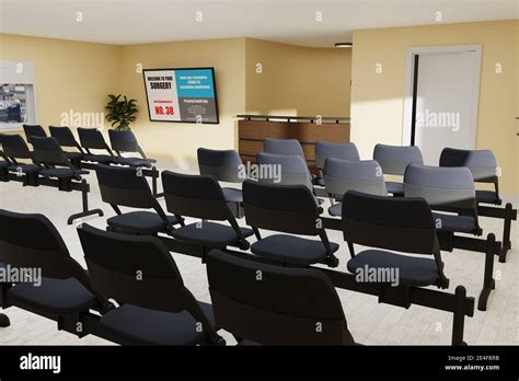 Interior Empty Doctor Surgery Waiting Room with Covid Vaccination on