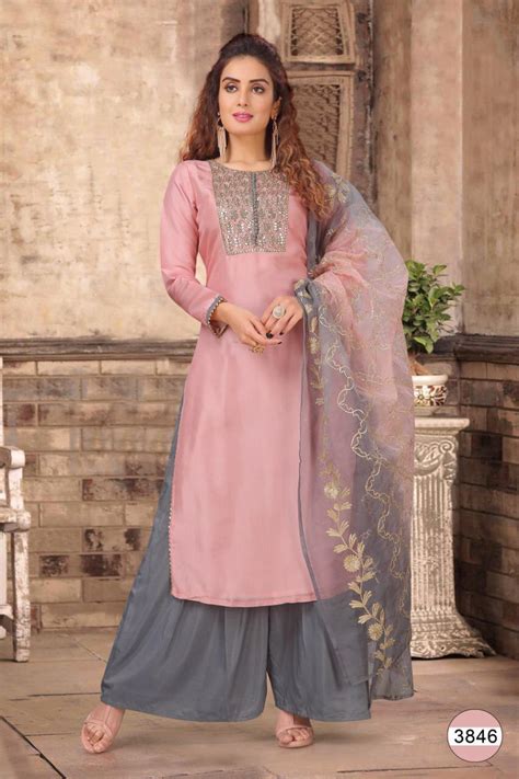 Pink And Grey Color Combination Plazo Suit Anokhi Fashion