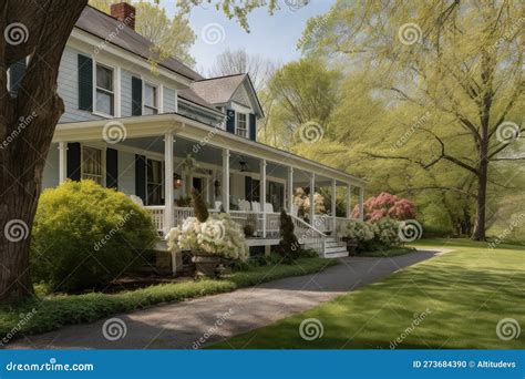 Classic Cape Cod House With Wrap Around Porch And Rocking Chairs On The