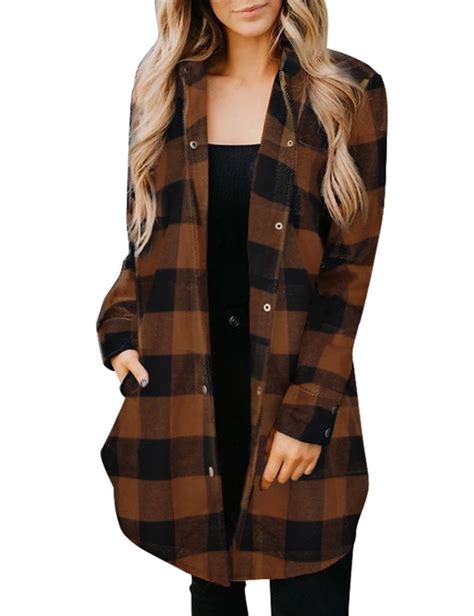 Brown Turn Down Collar Plaid Shirt Coat Katies