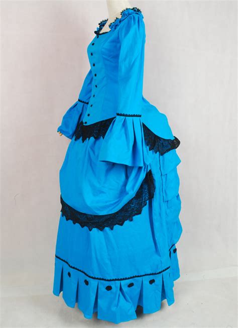 Renaissance 1886s Vintage Blue Long Sleeves Lace Victorian Bustle Ball Gown Carnival Dress