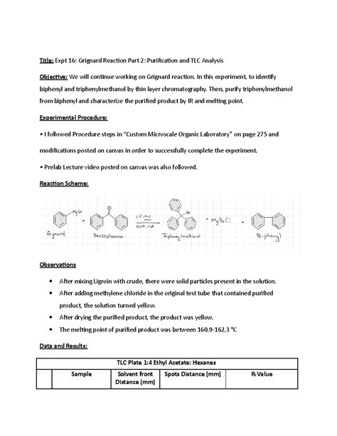 Expt 16 Grignard Reaction Part 2 Purification And Tlc Analysis Title Expt 16 Grignard