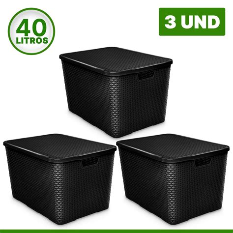 Kit 3 Caixas Organizadora Cesto Rattan Tampa 40 Litros Preto Marrom