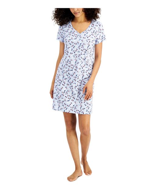 CHARTER CLUB Intimates Blue Picot Trim Henley Floral Nightgown XS