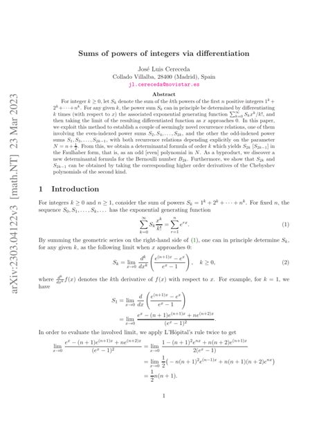 Pdf Sums Of Powers Of Integers Via Differentiation