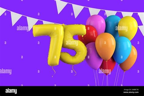 Happy 75th birthday colorful party balloons and bunting. 3D Render ...