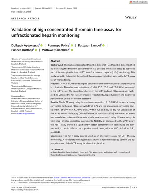 Pdf Validation Of High Concentrated Thrombin Time Assay For