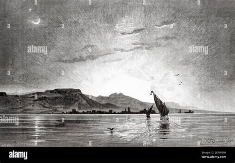 Ships sailing in the Red Sea. Egypt in XIX century. Africa. Old 19th ...