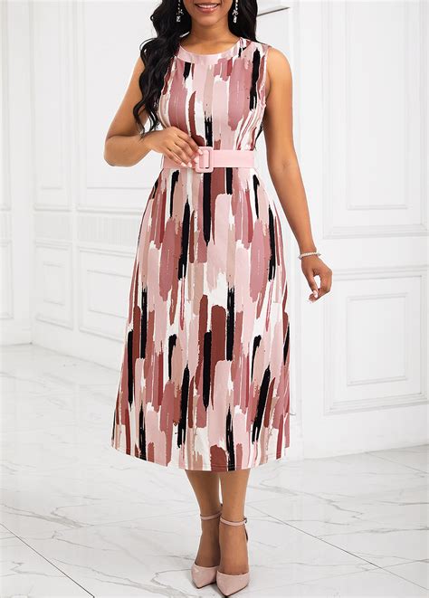 Rotita Plus Size Two Piece Pink Belted Geometric Print Dress Rotita