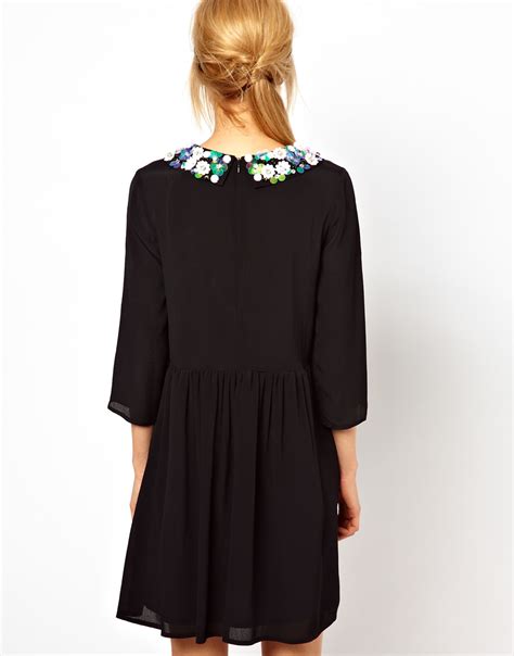 Asos Collection Smock Dress With Embellished Collar And Pockets In