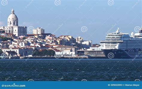 Beautiful Cityscape Panorama Of Lisbon Seen From Tejo River With Mein