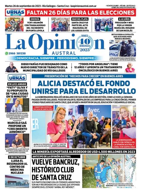 Diario La Opini N Austral Tapa Edici N Impresa Del Martes De