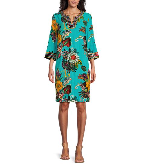 John Mark Split V Neck Embroidered Tropical Print Tunic Dress Dillards