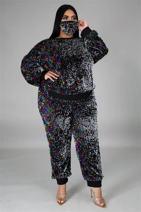 Women Sequins Two Pieces Sets Plus Size S 5xl Bling Bling Glitter Party