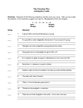 Chocolate War Study Guide Answer Sheets