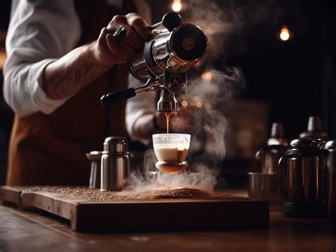 Premium AI Image Barista Pours Cream Into The Cup Of Coffee A Small