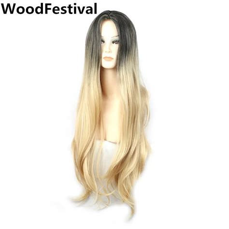 Woman Straight Ombre Long Blonde Wig Dark Roots Blonde Hair Cosplay