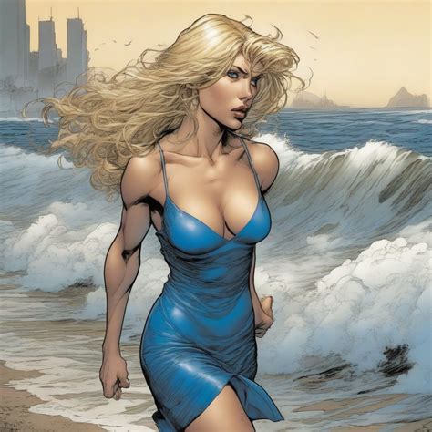 Google Sdxl A Blonde Woman In A Blue Minidress Walking On A Seaside With Detailed Waves Comic
