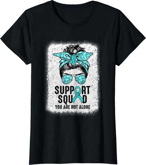 Support Squad Messy Bun Warrior Teal Ovarian Cancer Awarenes T Shirt