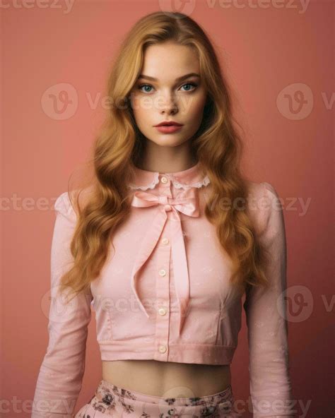 Beautiful Young Woman With Long Red Hair Wearing Pink Shirt And Skirt Generative Ai 27806359