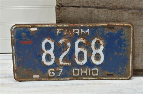 Retro Ohio Farm License Plate 1967 Vintage Blue Design