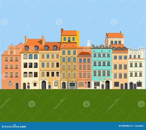 Colorful Houses in Old Town, Warsaw, Poland Stock Illustration ...