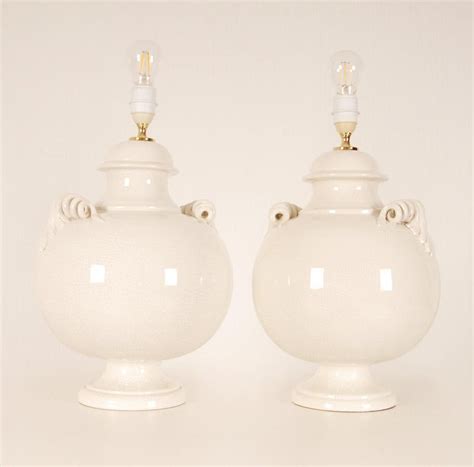 Vintage Italian Ceramic Table Lamps Handmade Off White Majolica Vase