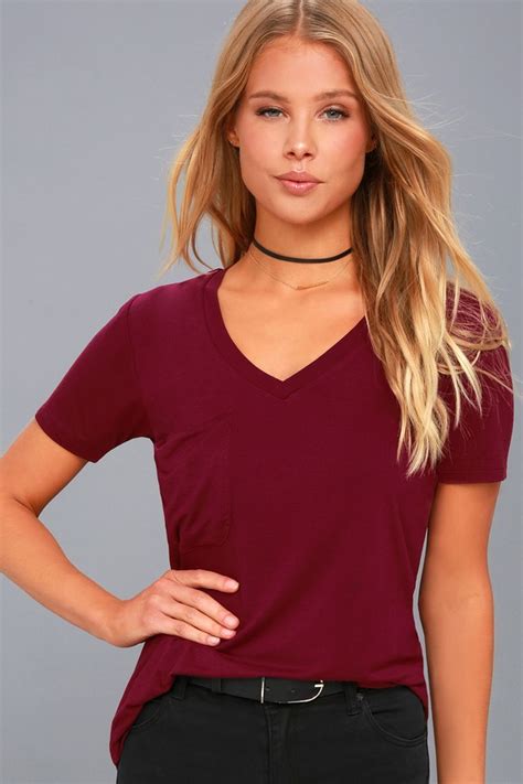 Cute Burgundy Tee V Neck Tee T Shirt Basic Tee Lulus