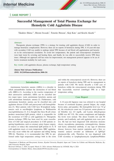 PDF Successful Management Of Total Plasma Exchange For Hemolytic Cold