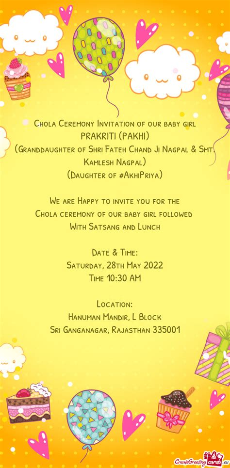 Chola Ceremony Invitation Of Our Baby Girl Free Cards