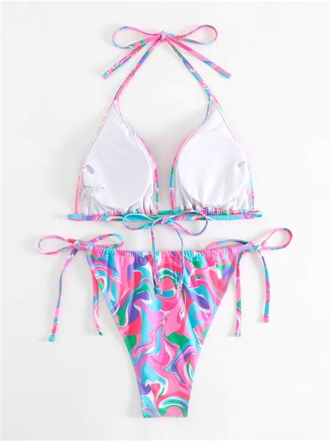 Shein Swim Vcay Plus Swirl Print Bikini Set Halter Triangle Bra And Tie