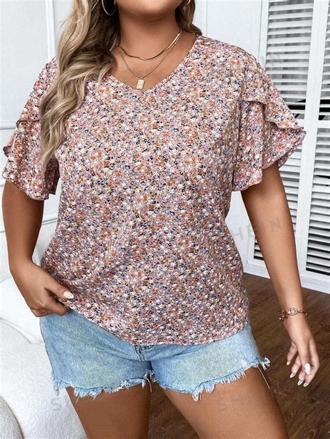 Shein Lune Plus Ditsy Floral Print Petal Sleeve Blouse Shein Usa