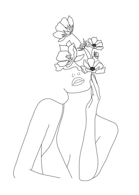 Minimal Line Art Woman With Flowers Mini Art Print By Nadja Dibujos