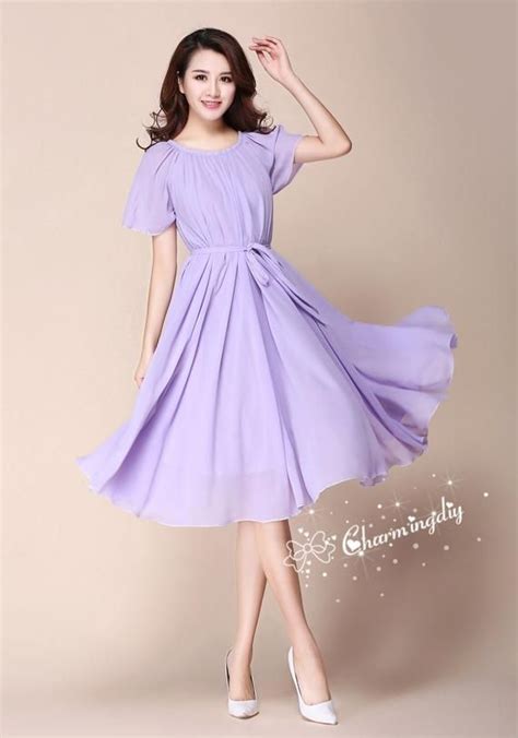 110 Colors Chiffon Lavender Light Purple Short Sleeve Knee Skirt Party Evening Wedding