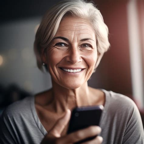 Colocar Mujer De Mediana Edad Sonriendo En Smartphone Foto Premium