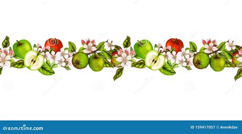 Seamless Botanical Border Of Hand Drawn Apples Stock Illustration