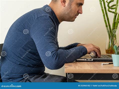 Side View Photo Of A Man With Scoliosis Hunched Back Posture Stock