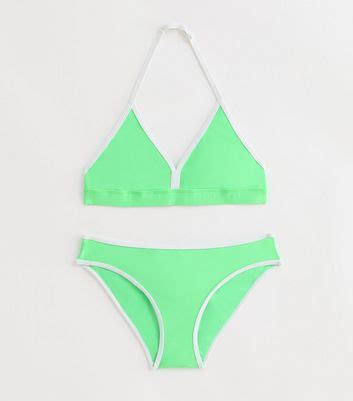 Girls Green Contrast Triangle Bikini Set New Look