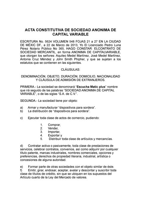 Modelo De Acta Constitutiva De Sociedad Anonima De Capital Variable