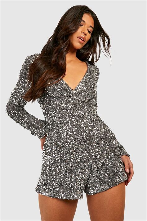 Tall Velvet Sequin Belted Playsuit Boohoo Uk