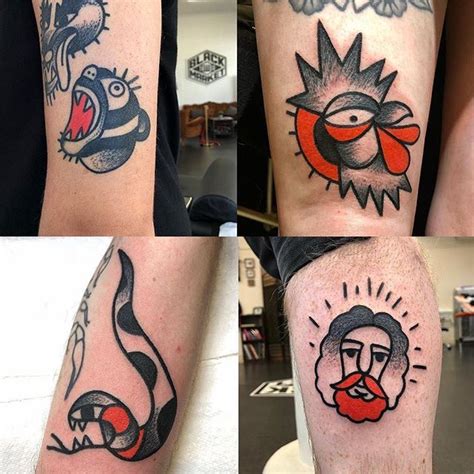 Four Different Tattoos On The Legs Of People