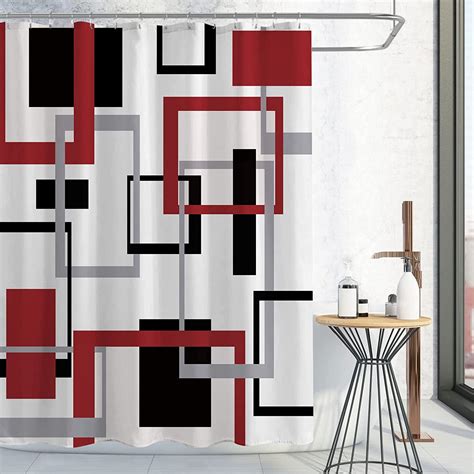 Red Shower Curtain Mid Century Modern Geometric Shower Curtain Set