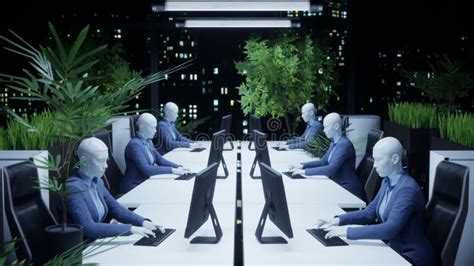 3d Animation Of Humanoid Robots Working In Modern Office Future