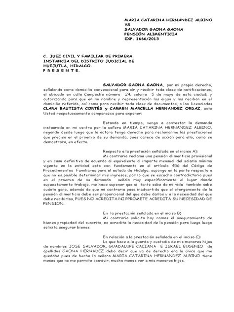 Ejemplo Contestacion A Una Demanda De Pension Alimenticia Demanda Judicial Evidencia Ley