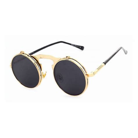 Gothic Steampunk Round Metal Flip Up Unisex Sunglasses Gold Frame Grey