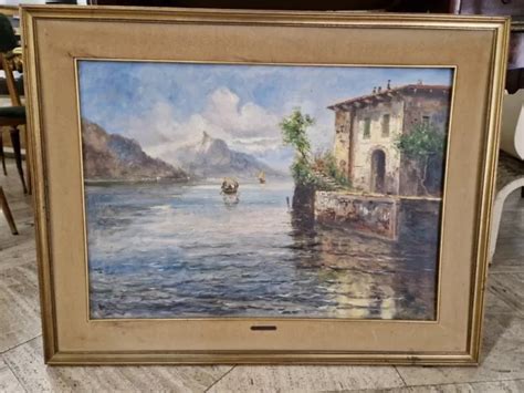 DIPINTO OLIO SU Tela Paesaggio Lacustre Firmato A Brioschi XX