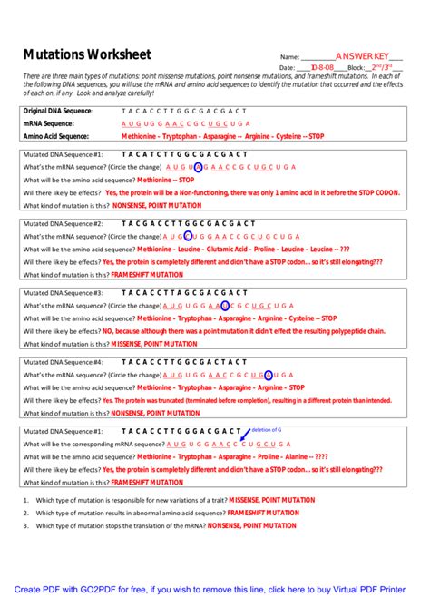 Types Of Mutations Worksheet