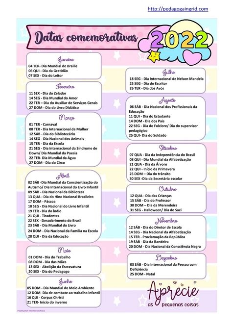 Pedagogaingridcom Calendário De Datas Comemorativas 2022